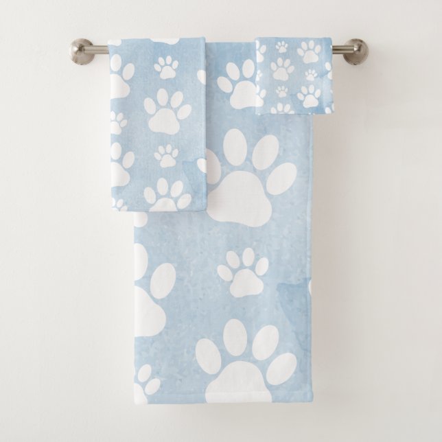 Conjunto De Toalhas Padrão De Patas, Pestanas Brancas, Aquarelas, Azul (Insitu)