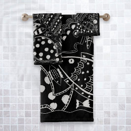 Conjunto De Toalhas Padrão de peixe caprichoso preto e branco Boho 