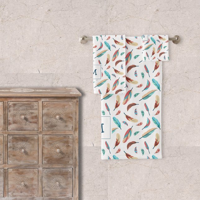 Conjunto De Toalhas Padrão de Penas Flutuantes de Boho Monograma (Criador carregado)