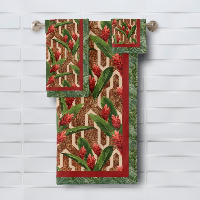 Conjunto De Toalhas Padrão de Plantas Tropicais (Tropical plants geometric pattern bath towel set, buy separate pieces, too)
