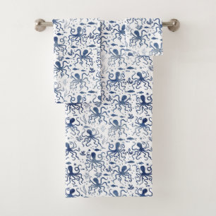 Conjunto De Toalhas Padrão de polvo submarino em aquarela azul costeir