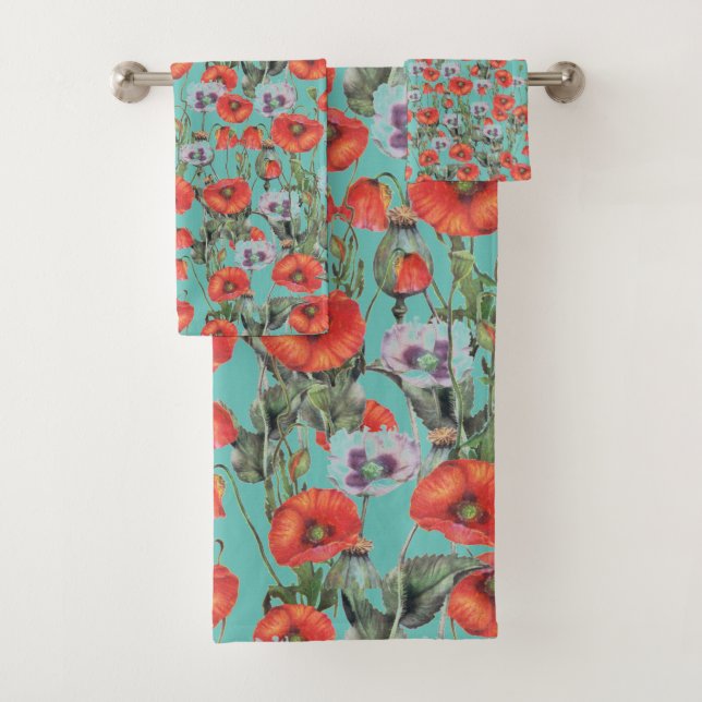 Conjunto De Toalhas Padrão de Poppies Vermelhas e Aqua (Insitu)