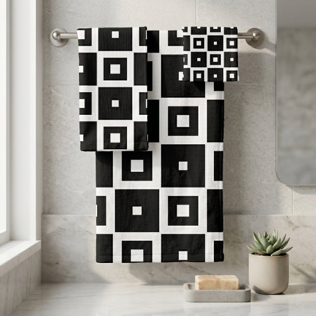 Conjunto De Toalhas Padrão de Quadrados Preto e Branco Moderno (Criador carregado)