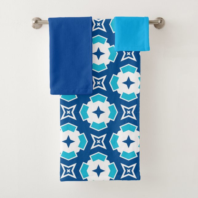 Conjunto De Toalhas Padrão de Quatrefoil Azul e Branco Geométrico Mode (Insitu)