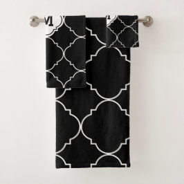 Conjunto De Toalhas Padrão de Quatrefoil Preto e Branco Monograma