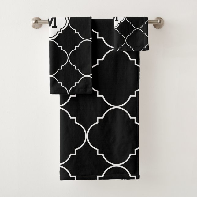 Conjunto De Toalhas Padrão de Quatrefoil Preto e Branco Monograma (Insitu)