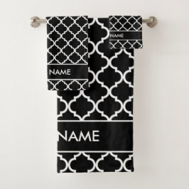 Conjunto De Toalhas Padrão de quatrefoil preto e branco personalizado