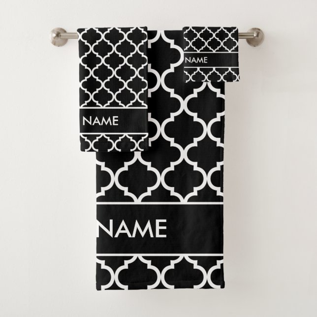 Conjunto De Toalhas Padrão de quatrefoil preto e branco personalizado (Insitu)