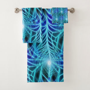 Conjunto De Toalhas Padrão de Repetição Fractal Luminoso Azul Elétrico