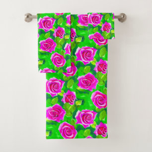 Conjunto De Toalhas Padrão de Rosa de Aquarela Rosa Fuchsia