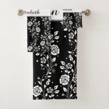 Padrão de Rosa Floral Preto e Branco Nome Impressã