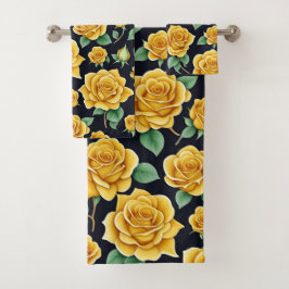 Conjunto De Toalhas Padrão de Rosas Amarelas da Flora de Aquarela Eleg