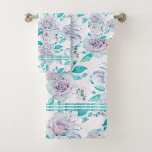 Conjunto De Toalhas Padrão de rosas de vinheta azul-esverdeada suave