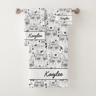 Conjunto De Toalhas Padrão de rosto de gato branco e preto 