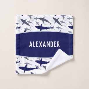 Conjunto De Toalhas Padrão de Shark Azul e Branco com o Name Boy