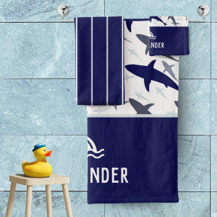 Conjunto De Toalhas Padrão de Shark Azul e Branco com o Name Boy