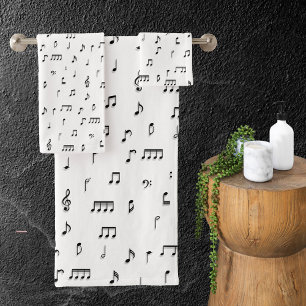 Conjunto De Toalhas Padrão de Símbolo de Notas Musicais Pretas e Branc