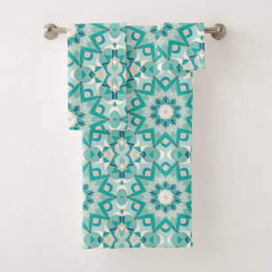 Conjunto De Toalhas Padrão de Star Mandala, Aqua, Turquesa, Creme