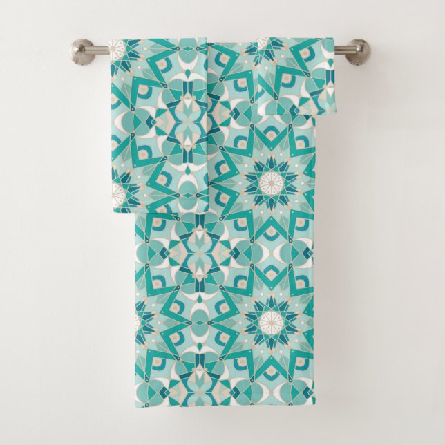 Conjunto De Toalhas Padrão de Star Mandala, Aqua, Turquesa, Creme (Insitu)