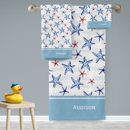 Conjunto De Toalhas Padrão de Starfish do Oceano bonito com nome azul