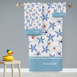 Conjunto De Toalhas Padrão de Starfish do Oceano bonito com nome azul