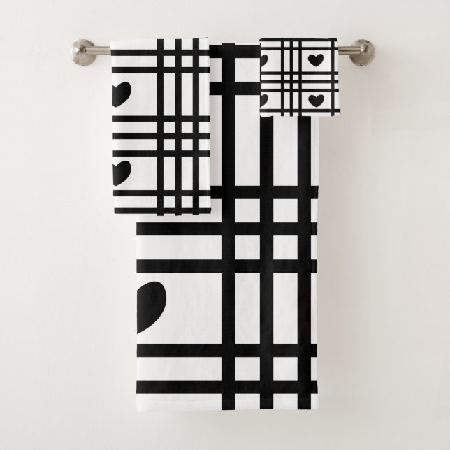 Conjunto De Toalhas Padrão de Stripes do Coração Preto e Branco (Insitu)