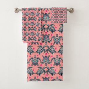 Conjunto De Toalhas Padrão de Tartaruga do Mar