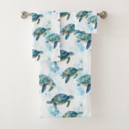 Conjunto De Toalhas Padrão de Turtugas em Aquarela