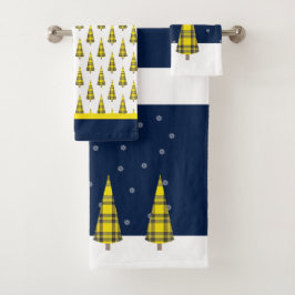 Conjunto De Toalhas Padrão de Xadrez de Árvore de Natal em Azul Amarel