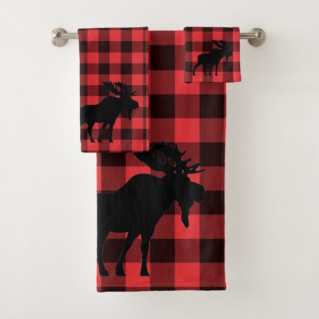 Conjunto De Toalhas Padrão de Xadrez Preto Vermelho Silhuette Moose (Insitu)
