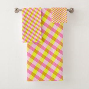 Conjunto De Toalhas Padrão de Xadrez rosa-claro e amarelo