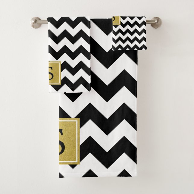 Conjunto De Toalhas Padrão de ziguezague preto e branco, monograma (Insitu)