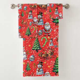 Conjunto De Toalhas Padrão Decorativo de Natal com Fundo Vermelho