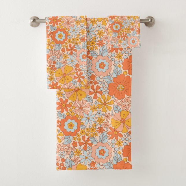 Conjunto De Toalhas Padrão do Flor Retro Laranja (Insitu)