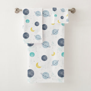 Conjunto De Toalhas Padrão do Planeta Espacial Azul de Cores Aquáticas