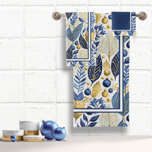 Conjunto De Toalhas Padrão Dourado de Feliz de Natal Azul nº 21 ID1009
