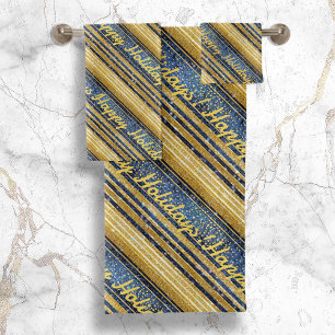 Conjunto De Toalhas Padrão Dourado de Natal Azul nº 28 ID1009