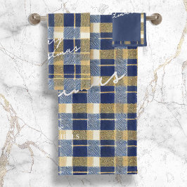 Conjunto De Toalhas Padrão Dourado de Natal Azul nº 7 ID1009