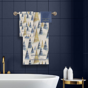 Conjunto De Toalhas Padrão Dourado de Natal Azul nº 8 ID1009