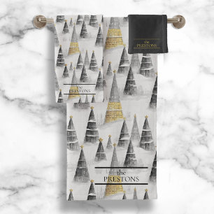 Conjunto De Toalhas Padrão Dourado de Natal preto nº 8 ID1009