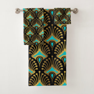 Conjunto De Toalhas Padrão Dourado e azul de Art Deco a preto
