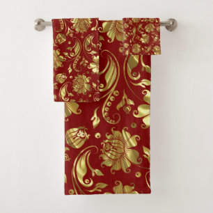 Conjunto De Toalhas Padrão Dourado e vermelho escuro dos damascos flor