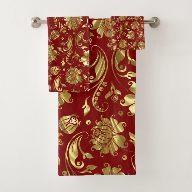 Conjunto De Toalhas Padrão Dourado e vermelho escuro dos damascos flor (Insitu)