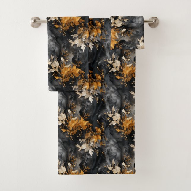Conjunto De Toalhas Padrão Dourado Floral  Elegante Preto (Insitu)