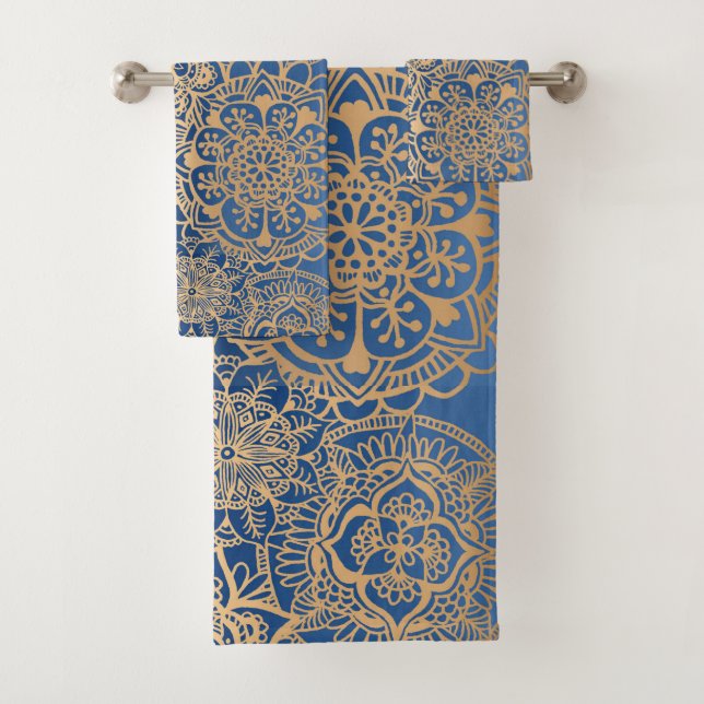 Conjunto De Toalhas Padrão Elegante de Mandala Azul e Dourado (Insitu)