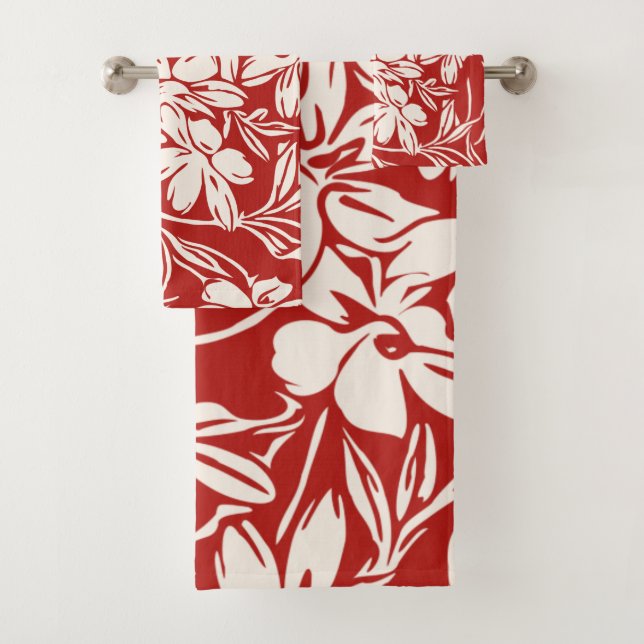 Conjunto De Toalhas Padrão Elegante Vermelho Tropical Floral Vibrante (Insitu)