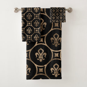 Conjunto De Toalhas Padrão Fleur-de-lis - Preto e Dourado