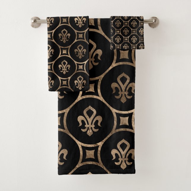 Conjunto De Toalhas Padrão Fleur-de-lis - Preto e Dourado (Insitu)