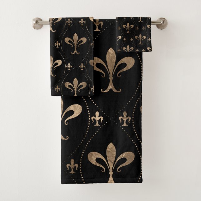 Conjunto De Toalhas Padrão Fleur-de-lis preto e ouro (Insitu)