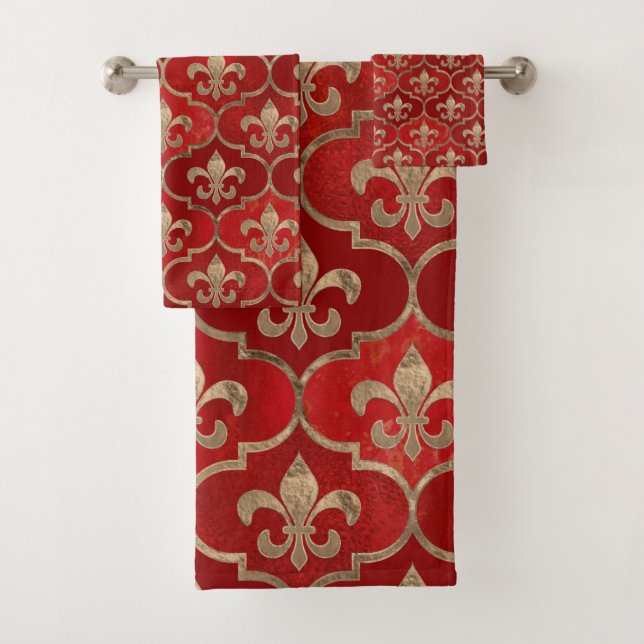 Conjunto De Toalhas Padrão Fleur-de-lis vermelho luxuoso (Insitu)